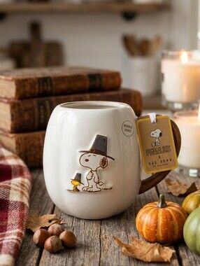 Rae Dunn x Peanuts Snoopy Pilgrim Give Thanks Thanksgiving Pumpkin Shaped Mug
